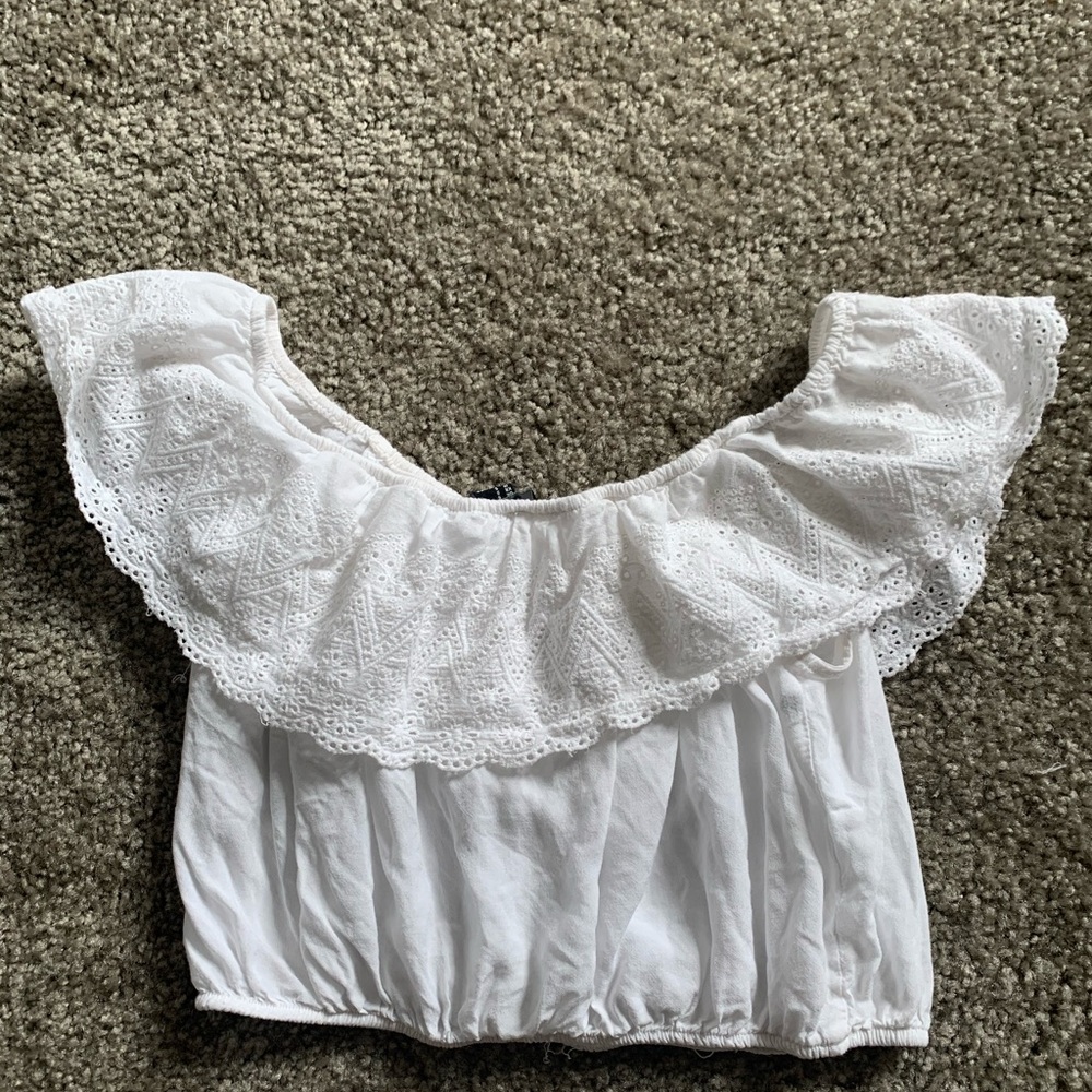 SOLD Off shoulder white lace crop top